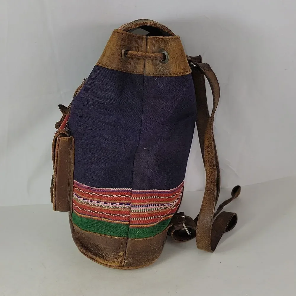 Vintage BHL Leather Ethnic Aztec Woven Wool Backpack